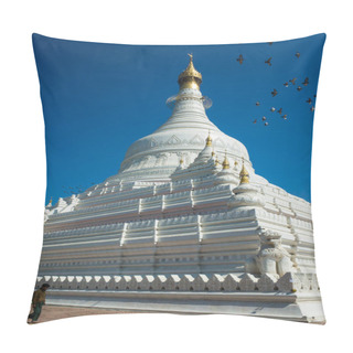 Personality Amarapura, Mandalay, Myanmar - January 14, 2020: White Pahtodawgyi Pagoda Under Clear Blue Sky, Man Is Walking And Pigeons Are Flying Around Pillow Covers