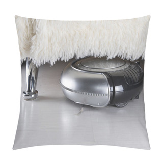 Personality  Robot Vacuuming Under Sofa. Black And Silver Robotic Vacuum Cleaner On White Laminate Wooden Floor.  Pillow Covers