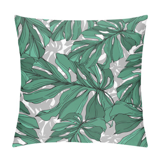 Personality Vector Palm Beach Tree Leaves Jungle Botanical. Black And White Engraved Ink Art. Seamless Background Pattern. Pillow Covers