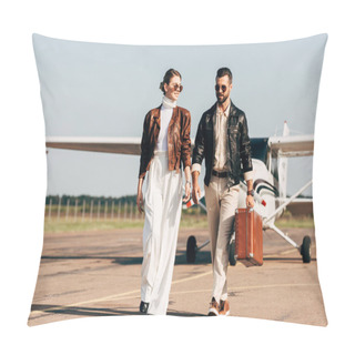 Personality  Happy Young Couple In Leather Jackets And Sunglasses Walking With Retro Suitcase Near Airplane  Pillow Covers