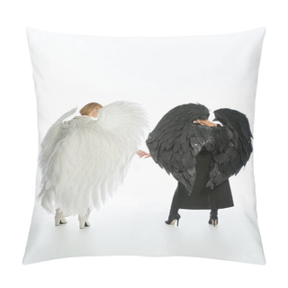 Personality  Back View Of Women In Costumes Of Devil And Angel With Black And Light Wings Holding Hands On White Pillow Covers