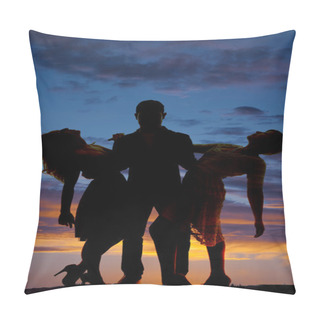 Personality  Silhouette Man Hold Two Women Leaning Back Sunset Pillow Covers