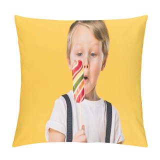 Personality  Selective Focus Of Adorable Little Boy With Lollipop In Hand Isolated On Yellow Pillow Covers