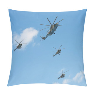 Personality  Group Of Helicopters Mi-26 And Mi-8 AMTSH (Mi-171SH) Is Flying In The Sky Over Red Square During A Rehearsal Of The Victory Parade. Pillow Covers