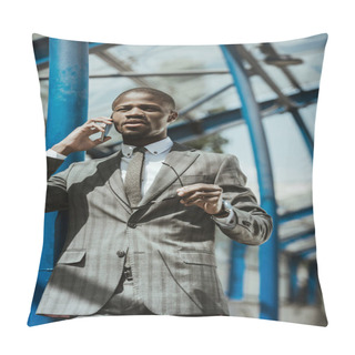 Personality  Young African American Businessman Talking On Smartphone On Transport Station Pillow Covers