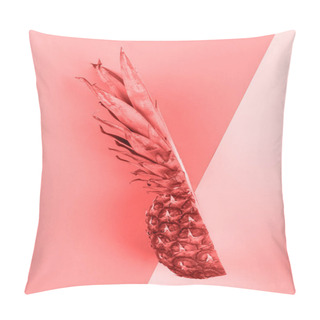 Personality  Pineapple Half On Bright Living Coral Background Creative Layout, Copy Space. Flat Lay Pattern. Food Concept Print. Pillow Covers