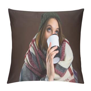 Personality  Woman Drinking From Thermos Cup Pillow Covers