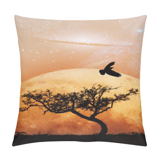 Personality  Fiction Novel Book Cover Template - Unreal Landscape Of Lone Tree Silhouette And Flying Bird With Planet And Galaxy Visible In Vivid Orange Sky. Elements Of This Image Are Furnished By NASA Pillow Covers