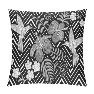 Personality  Hummingbirds Around Flower Plumeria Hibiscus Tropical Blossom. Embroidery Fashion Decoration Textile Print Black White Stripe Geometric Background Vector Illustration Pillow Covers