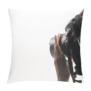 Personality  Cropped View Of Photographer Working With Digital Camera Isolated On White Pillow Covers