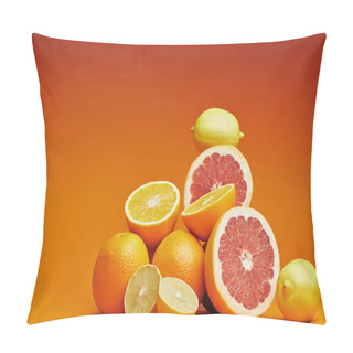 Personality  Close-up View Of Fresh Ripe Whole And Sliced Citrus Fruits On Orange Background Pillow Covers