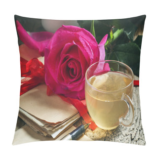 Personality  Vintage Postcard With Cup Of Herbal Green Tea And Rose Pillow Covers