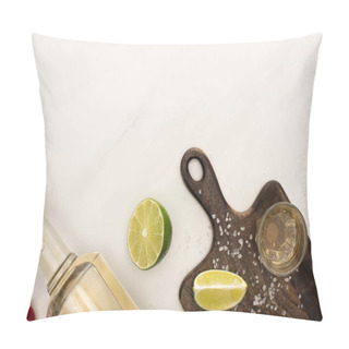 Personality  Top View Of Golden Tequila With Lime, Chili Pepper, Salt On Wooden Cutting Board On White Marble Surface Pillow Covers