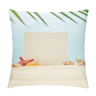Personality  Selective Focus Of Blank Placard, Red Starfish And Seashells On Sand Near Green Palm Leaf On Blue Pillow Covers