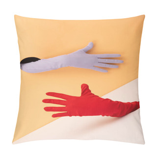 Personality  Cropped View Woman In Colorful Gloves On White And Orange Pillow Covers