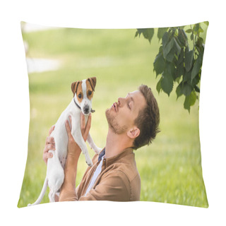 Personality  Young Man Holding White Jack Russell Terrier Dog With Brown Spots On Head Near Tree Branch Pillow Covers