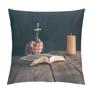 Personality  Cropped Image Of Christian Sitting With Cross In Hands Pillow Covers