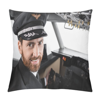 Personality  Cheerful Pilot In Cap Looking At Camera In Airplane Simulator  Pillow Covers