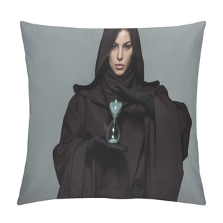 Personality  Front View Of Woman In Death Costume Holding Sand Clock Isolated On Grey Pillow Covers