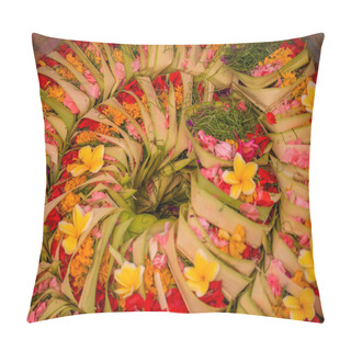 Personality  Balinese Offerings To Gods In Bali With Flowers And Aromatic Sti Pillow Covers
