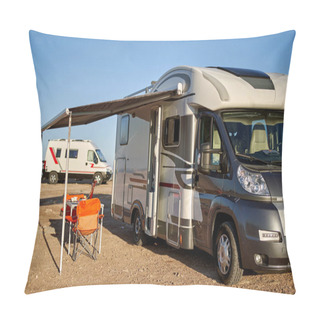 Personality  Empty Folding Chairs And Table Under Canopy Near New Modern Recreational Vehicle Camper Trailer. Adventure, Active People Traveling By Motor Home Concept Pillow Covers