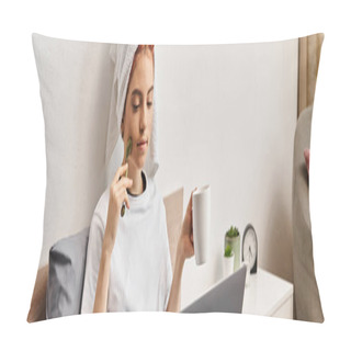 Personality  Beautiful Queer Person With Hair Towel And Face Roller Drinking Tea While Watching Movies, Banner Pillow Covers