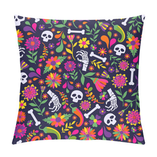Personality  Seamless Vector Pattern With Mexican Elements - Guitar, Sombrero, Tequila, Taco, Skull On Dark. Perfect Artistic Background For Your Design. Dias De Los Muertos. Translate-Feast Of Death. Pillow Covers