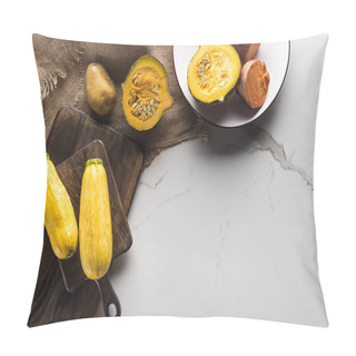 Personality  Top View Of Wooden Cutting Boards With Zucchini, Potato, Pumpkin And Plate With Yam On Marble Surface With Hessian Pillow Covers
