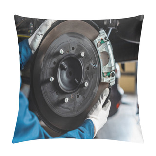 Personality  Cropped View Of Mechanic Adjusting Assembled Disc Brakes With Brake Caliper Pillow Covers