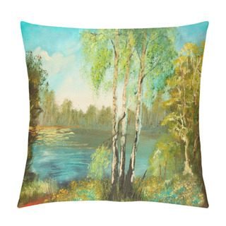 Personality  Lake And Three Birches Oil Painting Pillow Covers