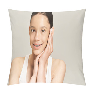 Personality  Teenage Girl In Trendy Outfit Striking A Dynamic Pose, Hands Gracefully Placed On Her Face In A Vibrant And Expressive Manner. Pillow Covers