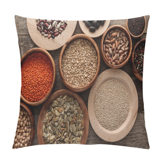 Personality  Top View Of Bowls With Raw Oatmeal, Red Lentil, Various Beans, Quinoa, Chickpea, Peppercorns And Pumpkin Seeds On Wooden Surface Pillow Covers