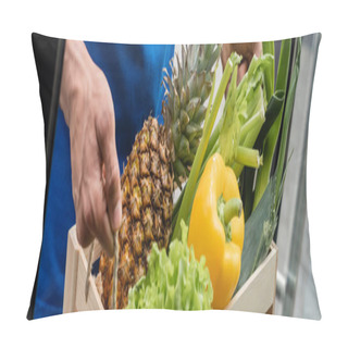 Personality  Cropped View Of Courier Holding Wooden Box With Fresh Food, Banner  Pillow Covers