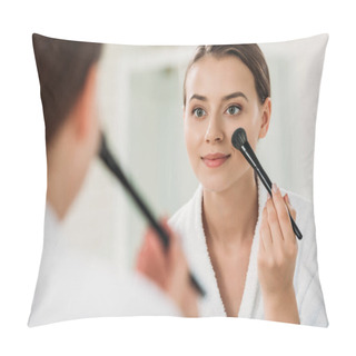 Personality  Smiling Young Woman Looking At Mirror And Applying Makeup In Bathroom Pillow Covers