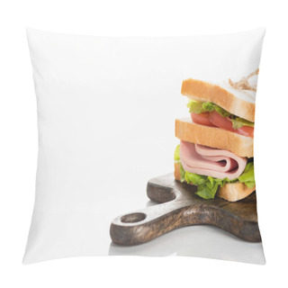 Personality  Fresh Delicious Sandwich With Sliced Sausage And Lettuce On Wooden Cutting Board On White Surface Pillow Covers