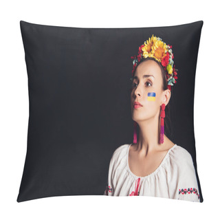 Personality  Brunette Young Woman In National Ukrainian Costume And Floral Wreath Looking Away Isolated On Black Pillow Covers