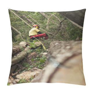 Personality  Forestry Worker Trimming Branches And Measuring Cut Down Spruce Tree Pillow Covers