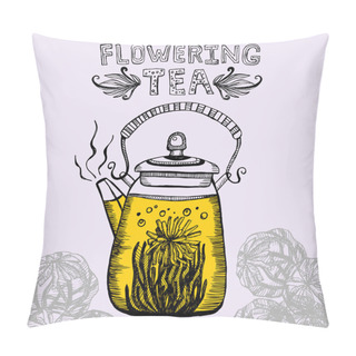 Personality  Hand Drawn Elegant Vintage Steaming Teapot With Tea And Flowers. Isolated Chalk On  Blackboard  Vector Illustration. Elements For Party Invitations, Menu, Tea Parties  Or Greeting Cards. Tea Time. Pillow Covers