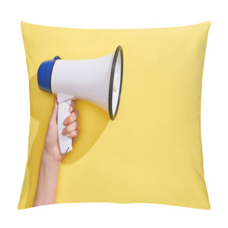 Personality  Cropped View Of Woman Holding Loudspeaker On Yellow Background  Pillow Covers