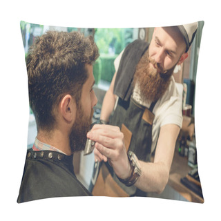 Personality  Close-up Side View Of A Handsome Redhead Young Man Sitting On The Chair Of A Trendy Barbershop For Trimming And Styling His Beard Pillow Covers