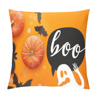 Personality  Top View Of Pumpkin, Bats And Confetti On Orange Background With Boo And Ghost Illustration, Halloween Decoration Pillow Covers