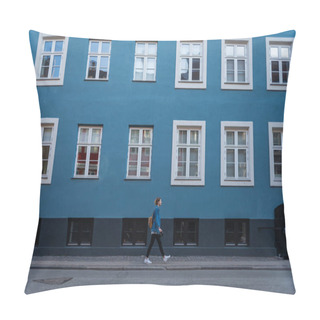 Personality  Side View Of Young Woman Walking Near Blue House With Large Windows In Copenhagen, Denmark Pillow Covers
