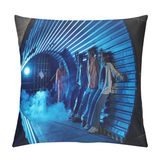 Personality  Multiethnic Friends Standing In Tunnel Near Freaky People In Gas Masks, Quest Room Adventure Pillow Covers