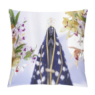 Personality  Statue Of The Image Of Our Lady Of Aparecida, Mother Of God In The Catholic Religion, Patroness Of Brazil, Decorated With Flowers And Orchids Pillow Covers