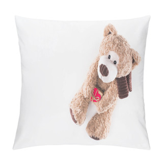 Personality  Top View Of Teddy Bear With Heart Shaped Gift Box Isolated On White, Valentines Day Concept Pillow Covers