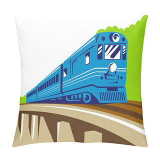 Personality  Illustration Of A Diesel Train Locomotive Coming Up On Railroad Viaduct Done In Retro Woodcut Style Pillow Covers