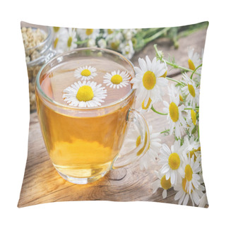 Personality  Daisy Flowers In Transparent Glass Tea Cup, Healthy Chamomile Herbs And Glass Jar Of Dry Daisies Buds. Pillow Covers