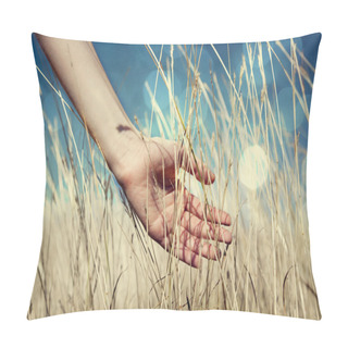 Personality  Hand In Autumn Grass. Pillow Covers