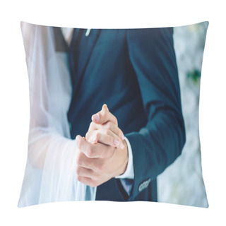 Personality  Cropped View Of Bride In Wedding Dress And Bridegroom Holding Hands  Pillow Covers