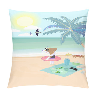 Personality  Beagle Dog Wear Swim Ring On Beach Prepare To Play Water In Sea, Vector Illustration. Sunrise With Cloud And Bird Flying On Sky In Morning With Coconut Tree And Small Stuff Of Dog With Crab, Starfish And Shell On Beach.  Pillow Covers